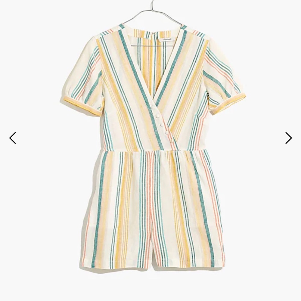 Madewell Linen Button-Wrap Romper in Stripe